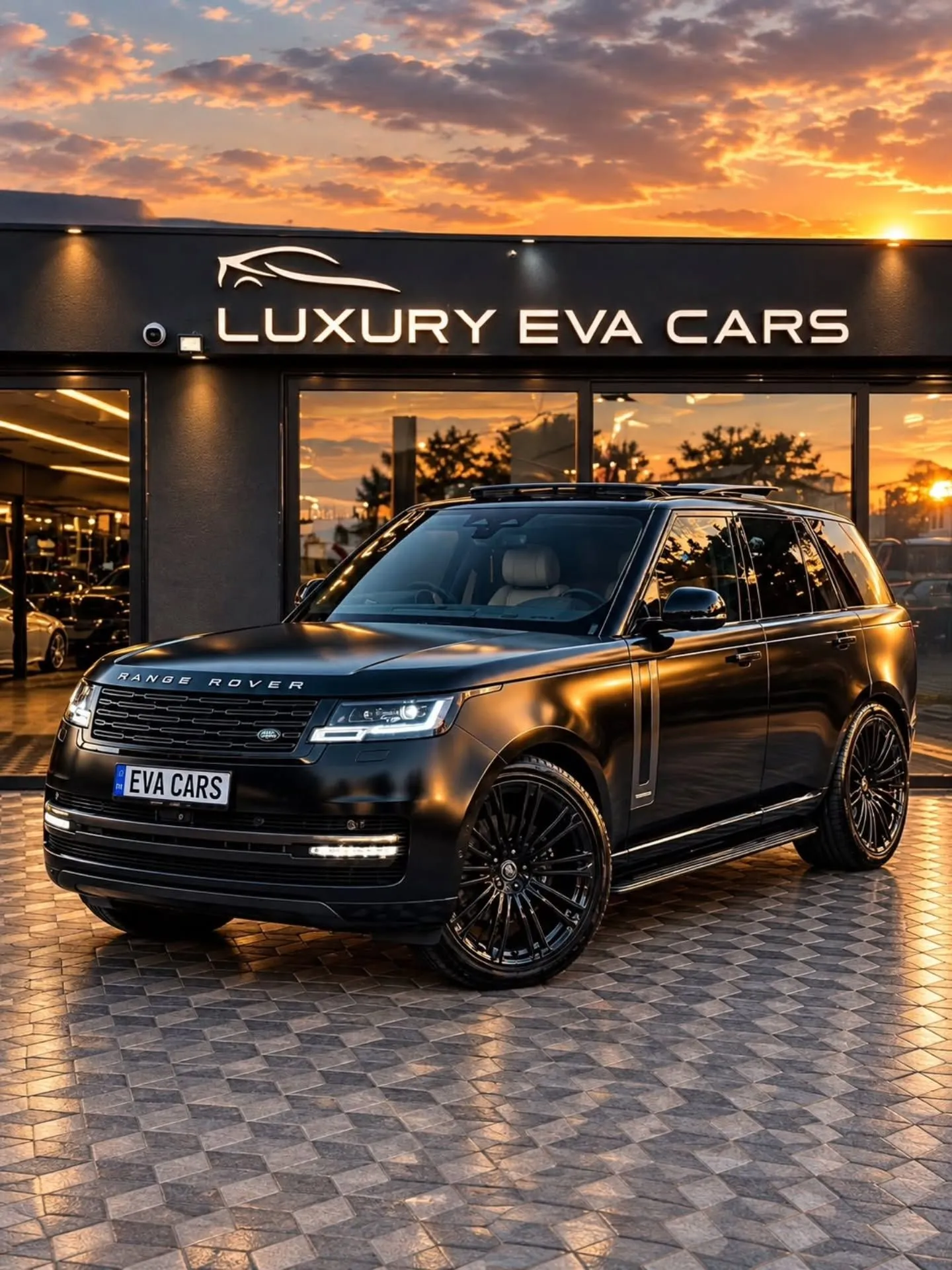 Luxury Eva Cars galerisinin önünde mat siyah Range Rover Autobiography
